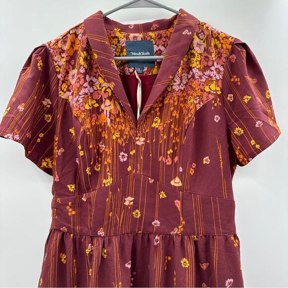 ModCloth Lively Identity Burgundy Floral Short Sleeve Mini Dress Size L NEW - Picture 4 of 13